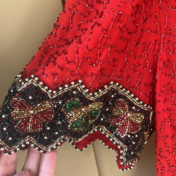 Vintage Laurence Kazar Sz M Allover Sequin Red Holiday Bow Novelty Trim Blouse - Picture 9 of 14